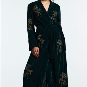 Zara Dark Green Maxi Dress with Gold Floral Embroidery